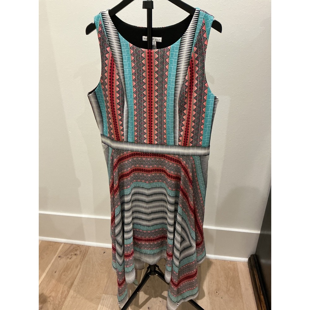 Robbie Bee Women 16 Geometric Tribal Print Handkerchief Hem Sleeveless Dress